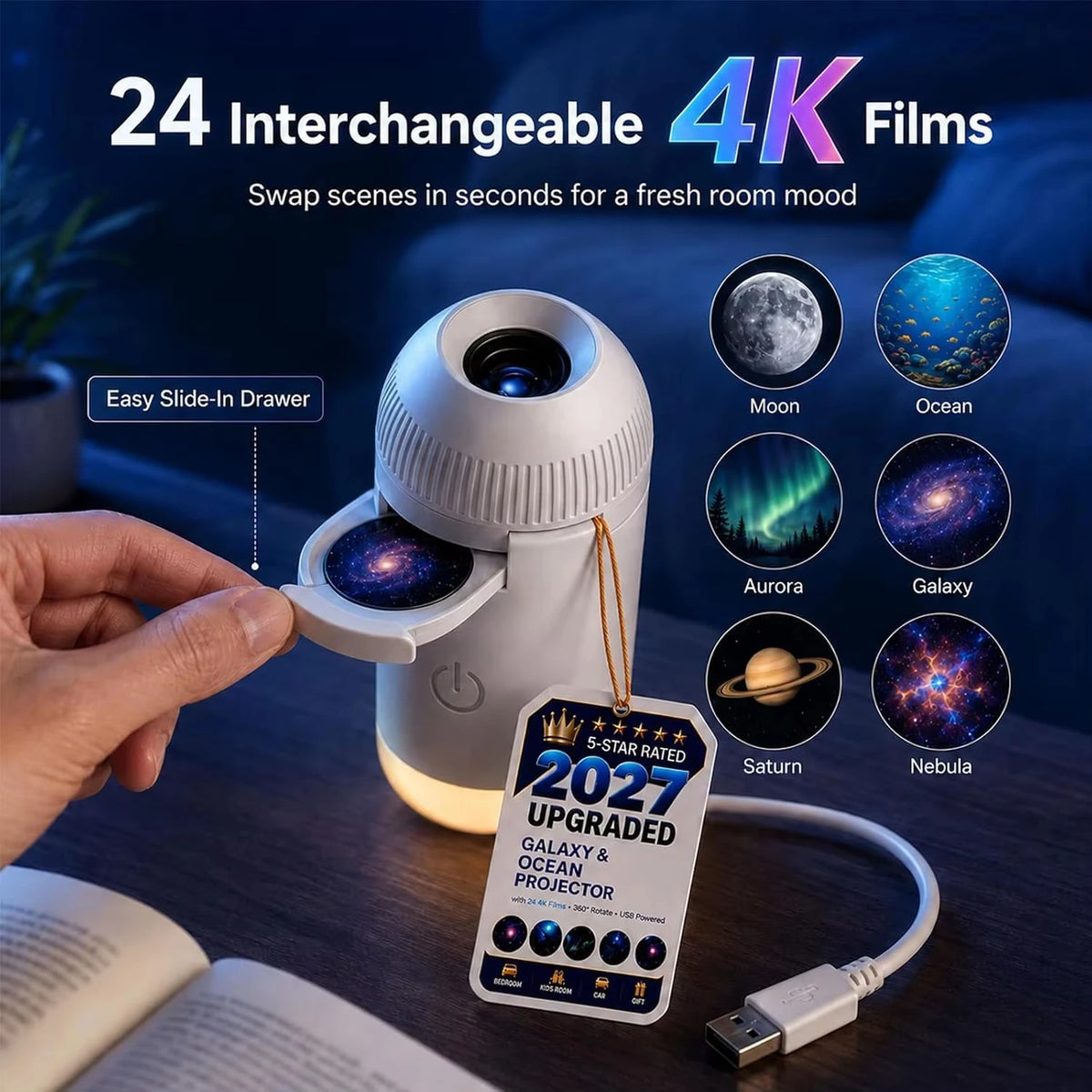USB Galaxy & Ocean Night Light Projector – 24 Interchangeable Scenes, 360° Adjustable