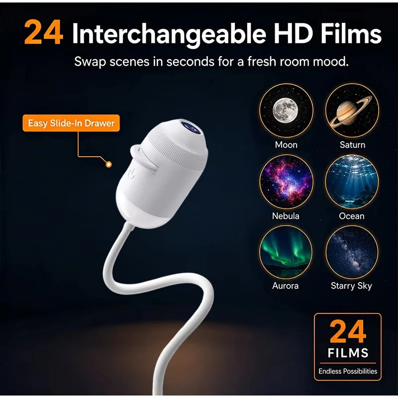 USB Galaxy & Ocean Night Light Projector – 24 Interchangeable Scenes, 360° Adjustable