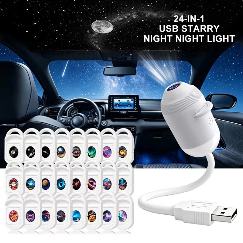 USB Galaxy & Ocean Night Light Projector – 24 Interchangeable Scenes, 360° Adjustable